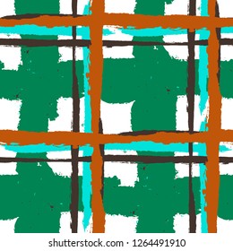 Kilt Texture. Seamless Grunge Texture with Hand Painted Crossing Lines for Wallpaper, Linen, Cloth. Rustic Check Texture. Vector Seamless Kilt Texture. Scottish Ornament