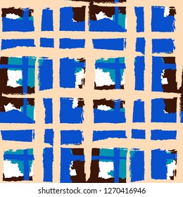 Kilt Texture. Seamless Grunge Texture with Hand Painted Crossing Lines for Print, Linen, Cloth. Rustic Check Texture. Vector Seamless Tartan.