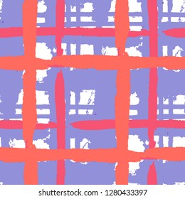 Kilt Texture. Seamless Grunge Texture with Hand Painted Crossing Stripes for Swimwear, Fabric, Textile. Rustic Check Texture. Vector Seamless Plaid Texture.