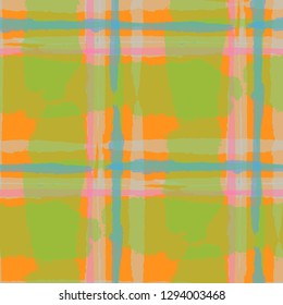 Kilt Texture. Seamless Grunge Texture with Hand Painted Crossing Stripes for Print, Upholstery, Textile. Rustic Check Texture. Vector Seamless Kilt Texture.