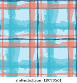 Kilt Texture. Seamless Grunge Texture with Hand Painted Crossing Stripes for Print, Upholstery, Textile. Rustic Check Texture. Vector Seamless Kilt Texture. Scottish Ornament