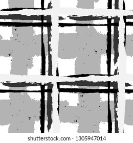 Kilt Texture. Seamless Grunge Texture with Hand Painted Crossing Stripes for Print, Linen, Cloth. Rustic Check Texture. Vector Seamless Tartan. Scottish Ornament