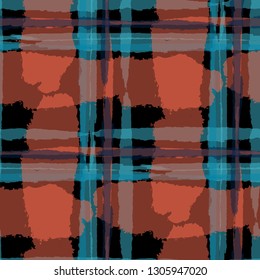 Kilt Texture. Seamless Grunge Texture with Hand Painted Crossing Stripes for Wallpaper, Linen, Sportswear. Rustic Check Texture. Vector Seamless Plaid. Scottish Ornament
