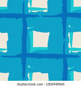 Kilt Texture. Seamless Grunge Texture with Hand Painted Crossing Stripes for Wrapping Paper, Linen, Sportswear. Rustic Check Texture. Vector Seamless Plaid. Scottish Ornament