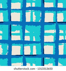 Kilt Texture. Seamless Grunge Texture with Hand Painted Crossing Brush Strokes for Swimwear, Fabric, Textile. Rustic Check Texture. Vector Seamless Plaid. Scottish Ornament