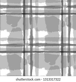 Kilt Texture. Seamless Grunge Texture with Hand Painted Crossing Brush Strokes for Swimwear, Fabric, Textile. Rustic Check Texture. Vector Seamless Plaid Texture.