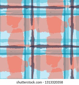 Kilt Texture. Seamless Grunge Texture with Hand Painted Crossing Lines for Swimwear, Upholstery, Textile. Rustic Check Texture. Vector Seamless Kilt Texture. Scottish Ornament