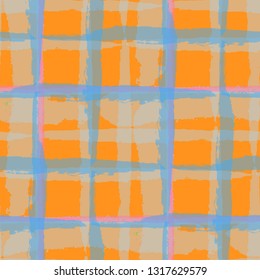Kilt Texture. Seamless Grunge Texture with Hand Painted Crossing Brush Strokes for Print, Upholstery, Textile. Rustic Check Texture. Vector Seamless Kilt Texture. Scottish Ornament