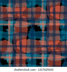 Kilt Texture. Seamless Grunge Texture with Hand Painted Crossing Stripes for Wrapping Paper, Linen, Sportswear. Rustic Check Texture. Vector Seamless Tartan. Scottish Ornament