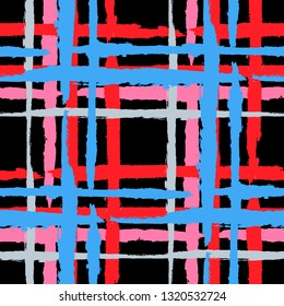 Kilt Texture. Seamless Grunge Texture with Hand Painted Crossing Stripes for Swimwear, Fabric, Textile. Rustic Check Texture. Vector Seamless Tartan. Scottish Ornament