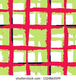 Kilt Texture. Seamless Grunge Texture with Hand Painted Crossing Stripes for Wallpaper, Linen, Sportswear. Rustic Check Texture. Vector Seamless Tartan.
