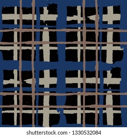 Kilt Texture. Seamless Grunge Texture with Hand Painted Crossing Stripes for Swimwear, Fabric, Textile. Rustic Check Texture. Vector Seamless Kilt Texture. Scottish Ornament
