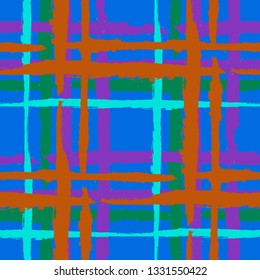 Kilt Texture. Seamless Grunge Texture with Hand Painted Crossing Brush Strokes for Wrapping Paper, Linen, Sportswear. Rustic Check Texture. Vector Seamless Kilt Texture.
