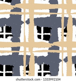 Kilt Texture. Seamless Grunge Texture with Hand Painted Crossing Lines for Swimwear, Fabric, Textile. Rustic Check Texture. Vector Seamless Kilt Texture.
