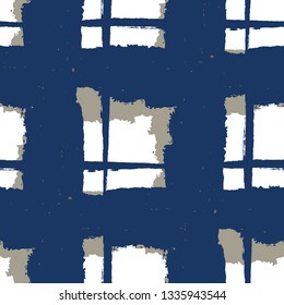 Kilt Texture. Seamless Grunge Texture with Hand Painted Crossing Stripes for Wrapping Paper, Linen, Sportswear. Rustic Check Texture. Vector Seamless Plaid Texture.