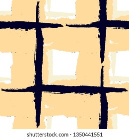 Kilt Texture. Seamless Grunge Texture with Hand Painted Crossing Lines for Swimwear, Upholstery, Textile. Rustic Check Texture. Vector Seamless Tartan.