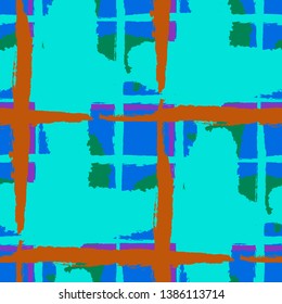 Kilt Texture. Seamless Grunge Texture with Hand Painted Crossing Stripes for Print, Upholstery, Cloth. Rustic Check Texture. Vector Seamless Tartan. Scottish Ornament