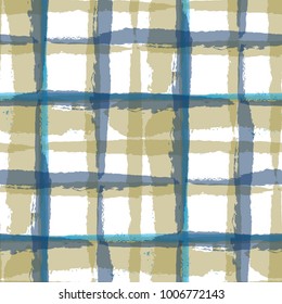 Kilt Texture. Seamless Grunge Pattern with Hand Painted Crossing Lines for Swimwear, Upholstery, Textile. Rustic Check Texture. Vector Seamless Kilt Texture.
