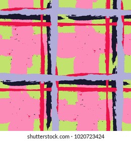 Kilt Texture. Seamless Grunge Pattern with Hand Painted Crossing Lines for Swimwear, Upholstery, Textile. Rustic Check Texture. Vector Seamless Plaid Texture.