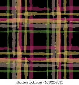 Kilt Texture. Seamless Grunge Pattern with Hand Painted Crossing Brush Strokes for Swimwear, Upholstery, Textile. Rustic Check Texture. Vector Seamless Kilt Texture.