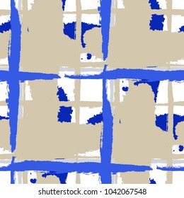 Kilt Texture. Seamless Grunge Pattern with Hand Painted Crossing Lines for Wrapping Paper, Linen, Sportswear. Rustic Check Texture. Vector Seamless Tartan. Scottish 
Ornament