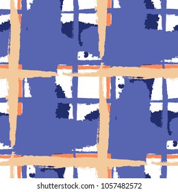 Kilt Texture. Seamless Grunge Pattern with Hand Painted Crossing Stripes for Wallpaper, Linen, Sportswear. Rustic Check Texture. Vector Seamless Kilt Texture.