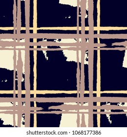 Kilt Texture. Seamless Grunge Pattern with Hand Painted Crossing Lines for Wallpaper, Linen, Cloth. Rustic Check Texture. Vector Seamless Plaid. Scottish 
Ornament