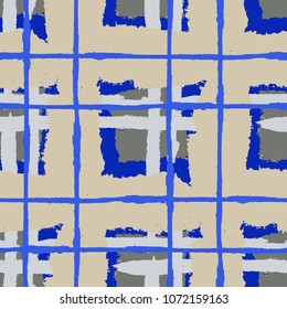 Kilt Texture. Seamless Grunge Pattern with Hand Painted Crossing Lines for Print, Upholstery, Cloth. Rustic Check Texture. Vector Seamless Plaid. Scottish 
Ornament