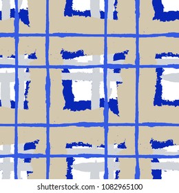 Kilt Texture. Seamless Grunge Pattern with Hand Painted Crossing Brush Strokes for Wrapping Paper, Linen, Sportswear. Rustic Check Texture. Vector Seamless Plaid. Scottish 
Ornament