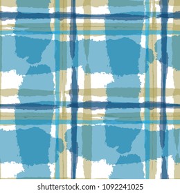 Kilt Texture. Seamless Grunge Pattern with Hand Painted Crossing Stripes for Print, Linen, Cloth. Rustic Check Texture. Vector Seamless Tartan. Scottish 
Ornament