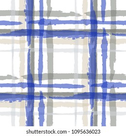 Kilt Texture. Seamless Grunge Pattern with Hand Painted Crossing Stripes for Print, Linen, Cloth. Rustic Check Texture. Vector Seamless Plaid Texture.
