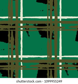 Kilt Texture. Seamless Grunge Pattern with Hand Painted Crossing Brush Strokes for Swimwear, Upholstery, Textile. Rustic Check Texture. Vector Seamless Kilt Texture. Scottish 
Ornament