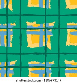 Kilt Texture. Seamless Grunge Pattern with Hand Painted Crossing Lines for Print, Upholstery, Cloth. Rustic Check Texture. Vector Seamless Tartan.