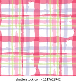 Kilt Texture. Seamless Grunge Pattern with Hand Painted Crossing Brush Strokes for Print, Upholstery, Textile. Rustic Check Texture. Vector Seamless Tartan. Scottish 
Ornament