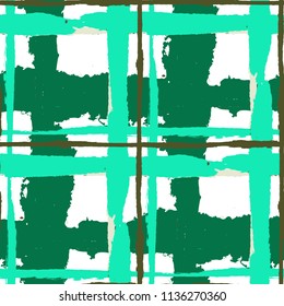 Kilt Texture. Seamless Grunge Pattern with Hand Painted Crossing Stripes for Wallpaper, Linen, Sportswear. Rustic Check Texture. Vector Seamless Kilt Texture.