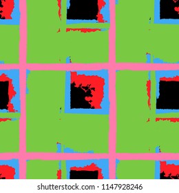 Kilt Texture. Seamless Grunge Pattern with Hand Painted Crossing Brush Strokes for Swimwear, Upholstery, Textile. Rustic Check Texture. Vector Seamless Tartan. Scottish Ornament