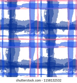 Kilt Texture. Seamless Grunge Pattern with Hand Painted Crossing Brush Strokes for Print, Upholstery, Textile. Rustic Check Texture. Vector Seamless Plaid. Scottish Ornament