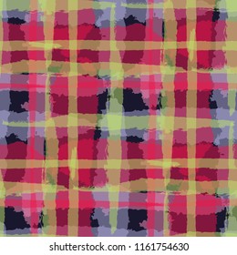 Kilt Texture. Seamless Grunge Pattern with Hand Painted Crossing Lines for Print, Upholstery, Cloth. Rustic Check Texture. Vector Seamless Plaid Texture.