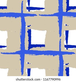 Kilt Texture. Seamless Grunge Pattern with Hand Painted Crossing Lines for Swimwear, Fabric, Textile. Rustic Check Texture. Vector Seamless Tartan. Scottish Ornament