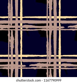 Kilt Texture. Seamless Grunge Pattern with Hand Painted Crossing Lines for Wrapping Paper, Linen, Sportswear. Rustic Check Texture. Vector Seamless Plaid. Scottish Ornament