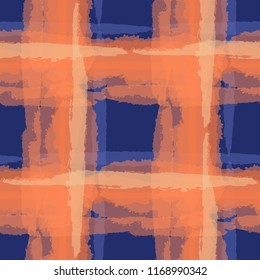 Kilt Texture. Seamless Grunge Pattern with Hand Painted Crossing Lines for Swimwear, Upholstery, Textile. Rustic Check Texture. Vector Seamless Plaid Texture.