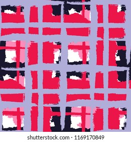 Kilt Texture. Seamless Grunge Pattern with Hand Painted Crossing Brush Strokes for Wallpaper, Linen, Cloth. Rustic Check Texture. Vector Seamless Kilt Texture.
