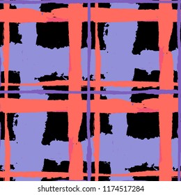 Kilt Texture. Seamless Grunge Pattern with Hand Painted Crossing Lines for Wrapping Paper, Linen, Sportswear. Rustic Check Texture. Vector Seamless Plaid Texture.