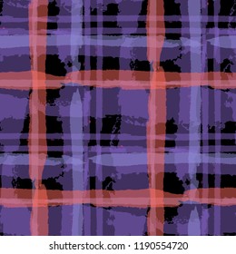 Kilt Texture. Seamless Grunge Pattern with Hand Painted Crossing Lines for Swimwear, Fabric, Textile. Rustic Check Texture. Vector Seamless Tartan. Scottish Ornament