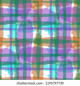 Kilt Texture. Seamless Grunge Pattern with Hand Painted Crossing Brush Strokes for Print, Upholstery, Textile. Rustic Check Texture. Vector Seamless Tartan. Scottish Ornament