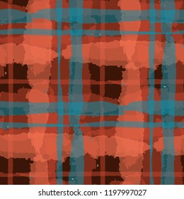 Kilt Texture. Seamless Grunge Pattern with Hand Painted Crossing Stripes for Wrapping Paper, Linen, Sportswear. Rustic Check Texture. Vector Seamless Tartan.