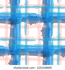 Kilt Texture. Seamless Grunge Pattern with Hand Painted Crossing Brush Strokes for Print, Upholstery, Textile. Rustic Check Texture. Vector Seamless Plaid Texture.