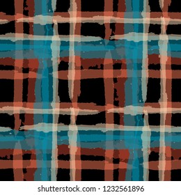 Kilt Texture. Seamless Grunge Pattern with Hand Painted Crossing Brush Strokes for Wallpaper, Linen, Cloth. Rustic Check Texture. Vector Seamless Tartan.