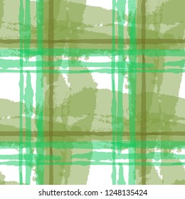 Kilt Texture. Seamless Grunge Pattern with Hand Painted Crossing Brush Strokes for Swimwear, Upholstery, Textile. Rustic Check Texture. Vector Seamless Plaid Texture.