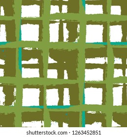 Kilt Texture. Seamless Grunge Pattern with Hand Painted Crossing Brush Strokes for Print, Upholstery, Cloth. Rustic Check Texture. Vector Seamless Kilt Texture.